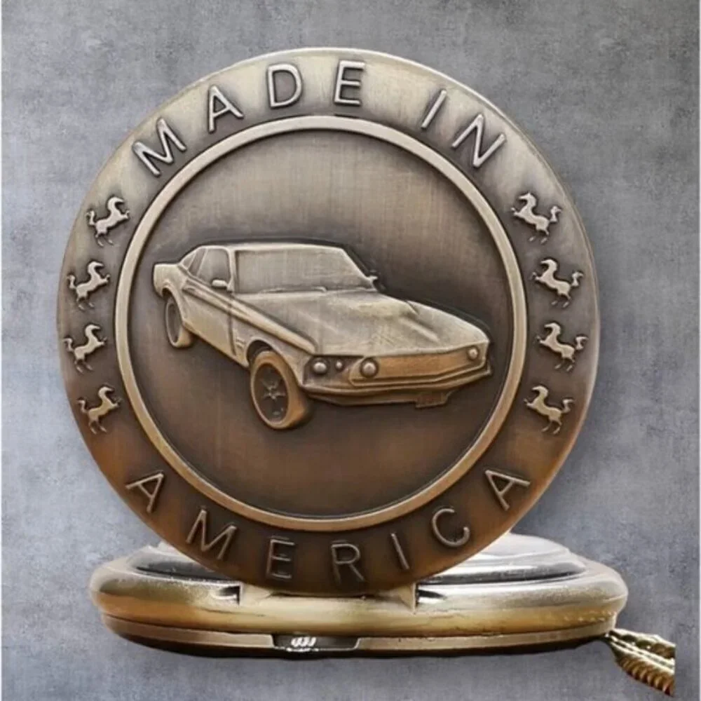 Pocket Chain Watch Mustang Car Flip Open Bronze Tone Quartz Second Hand